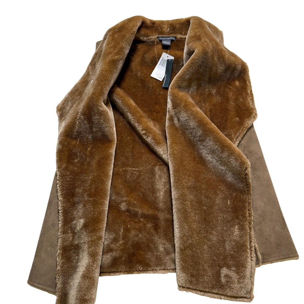 Chelsea & Theodore Vest Women Large Brown Faux Suede Fur Trim Open Front NWT